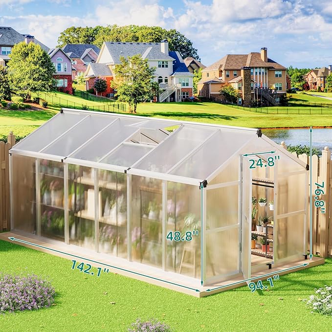 8x12 FT Greenhouse for Outdoors, Large Aluminum Greenhouses with Roof Vent and Quick Setup Structure, Greenhouse Heavy Duty with PC Panels, Walk-in Green Houses for Winter Garden,Backyard,Patio,Lawn