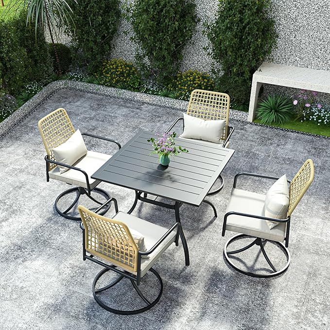 5-Piece Outdoor Dining Set, Rattan Wicker Swivel Chairs with 35''Metal Table Furniture Set, Gray Cushions