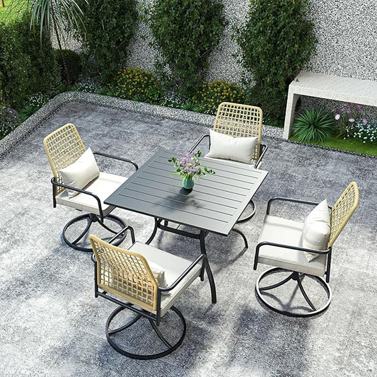 5-Piece Outdoor Dining Set, Rattan Wicker Swivel Chairs with 35''Metal Table Furniture Set, Gray Cushions