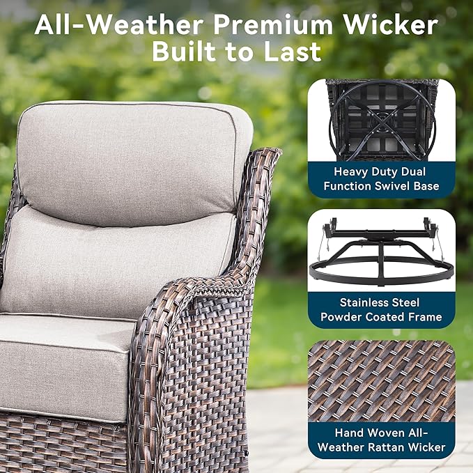 Luxury High Back Outdoor Furniture with 6-Inch Thick Cushions, Patio Furniture Set with Swivel Chairs, 5 PCS Wicker Conversation Set for Porch, Balcony, Deck and Yard