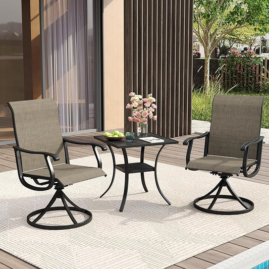 VICLLAX 3 Pieces Patio Dining Set Includes 28" Square Small Outdoor Table and 2 Patio Swivel Chairs for Lawn Garden, Black Tabletop and Mixed Brown Fabric