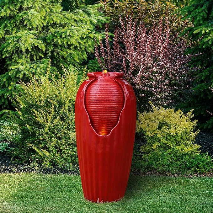 Teamson Home Glazed Vase Floor Freestanding Water Fountain with LED Lights and Pump for Outdoor Patio Backyard Deck Plant Garden Décor, 32 Inch Height, Red