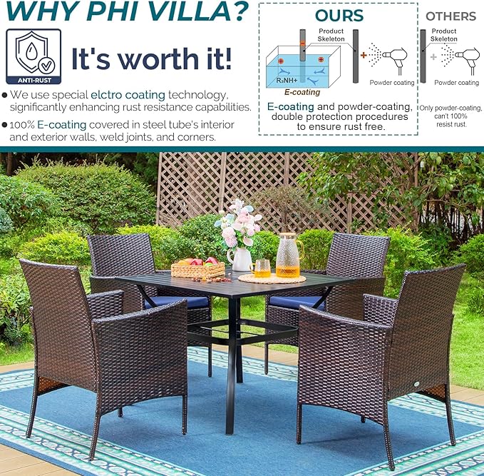 PHI VILLA 5 Piece Patio Dining Set for 4, 37" Square Metal Dining Table with Umbrella Hole & 4 Cushioned Rattan Chairs for Outdoor, Deck, Yard, Porch