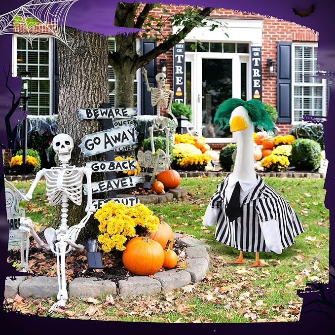 Halloween Porch Goose Outfits Black and White Striped Suit and Wig Movie Clothes for 23 Inch Cement Goose Halloween Costume Outdoor Yard Lawn Garden Patio Decor