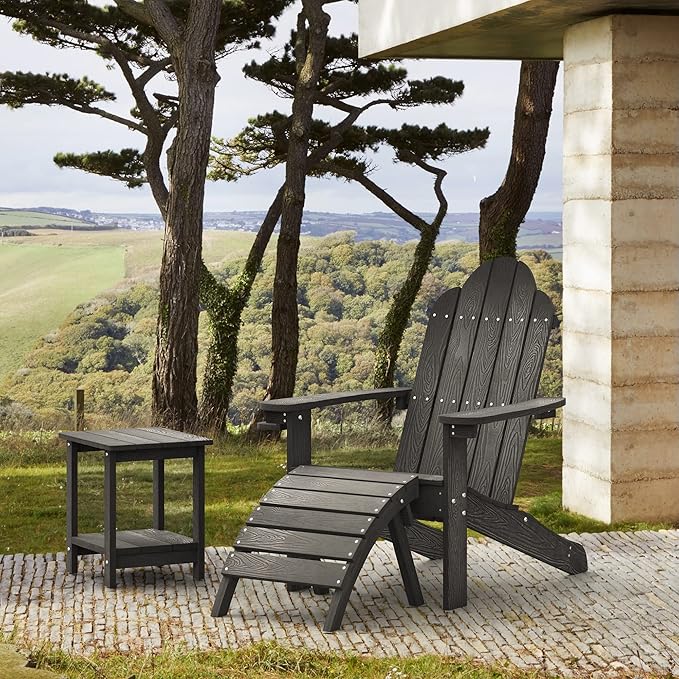 LUE BONA HDPS Adirondack Chairs Set of 8, Fire Pit Outdoor Chair Weather Resistant with Cup Holder, Modern Plastic Chair Plastic for Patio, Deck, Proch, 350LBS, Black