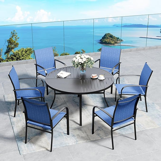 7 Piece Outdoor Dining Set for 6, 54" Round Metal Table with Umbrella Hole, 6 Blue Dining Chairs, Patio Table and Chairs Set for Backyard Lawn