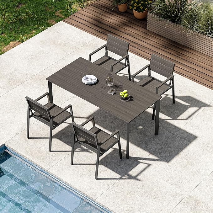 Outdoor Patio Dining Sets, Aluminum 5 Piece HDPE Outdoor Dining Table and Chairs Set with Umbrella Hole, Modern Rectangular Patio Furniture Set with All-Weather Table and 4 Chairs (Charcoal)