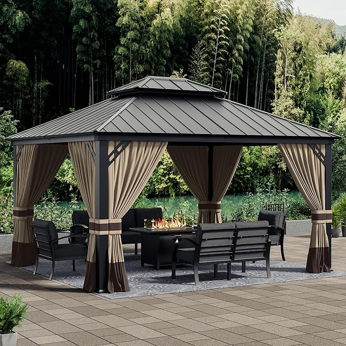 12x14ft Hardtop Gazebo Double Roof, Outdoor Pavilion with 2-Layer Hard top Galvanized Iron Frame Garden Tent, Suitable for courtyards, backyards, Decks, and Grass