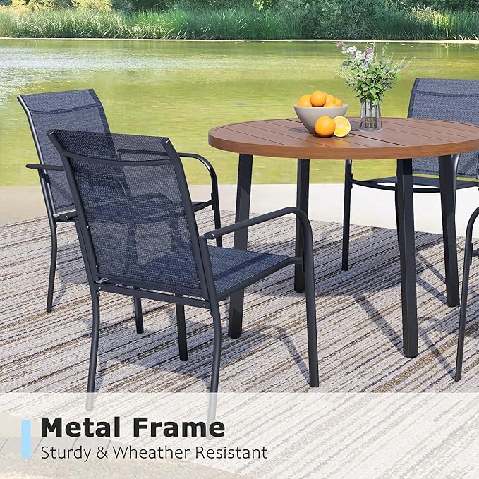 5 Pieces Round Dining Table Set for 4, Patio Dining Set Includes 4 Dark Blue Stackable Patio Chairs and 1 Walnut Round Table, Patio Furniture Sets with Sling Support for Outside, Garden