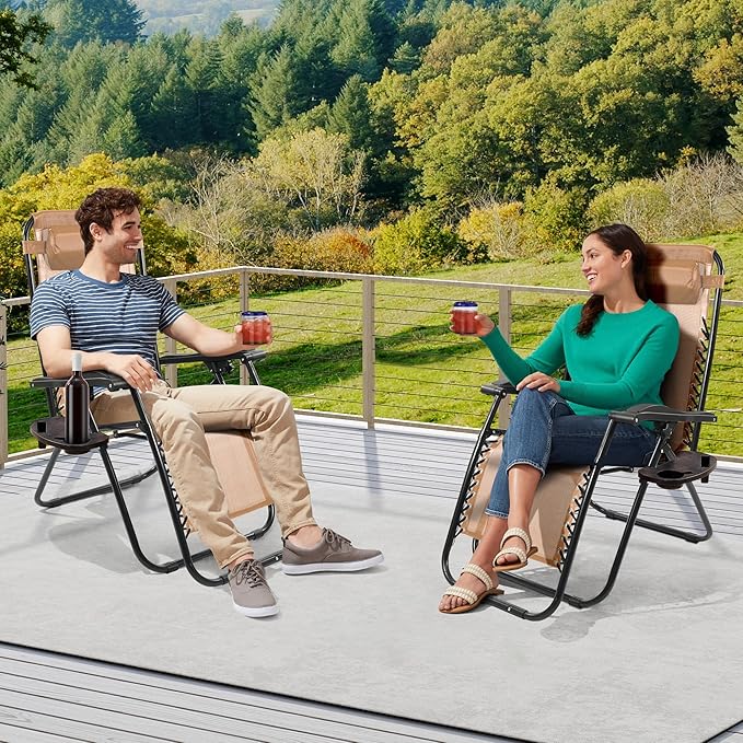 Elevon Zero Gravity Chair with Cup Holder & Removable Pillow, Adjustable Reclining Outdoor Patio Folding Chairs for Adults Portable Lounge Chair Furniture for Poolside, Lawn, Beach, Camping, Beige