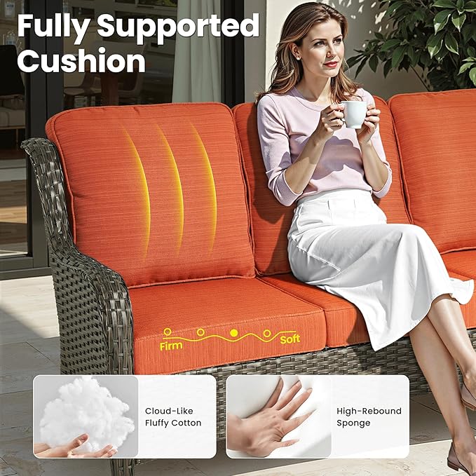 ovios 9 Pieces Patio Furniture Set, Outdoor Wicker Sofa Couch with Swivel Chairs Ottomans Comfy Cushions, High Back All Weather Modern Conversation Sets, Brown Rattan, Orange Red