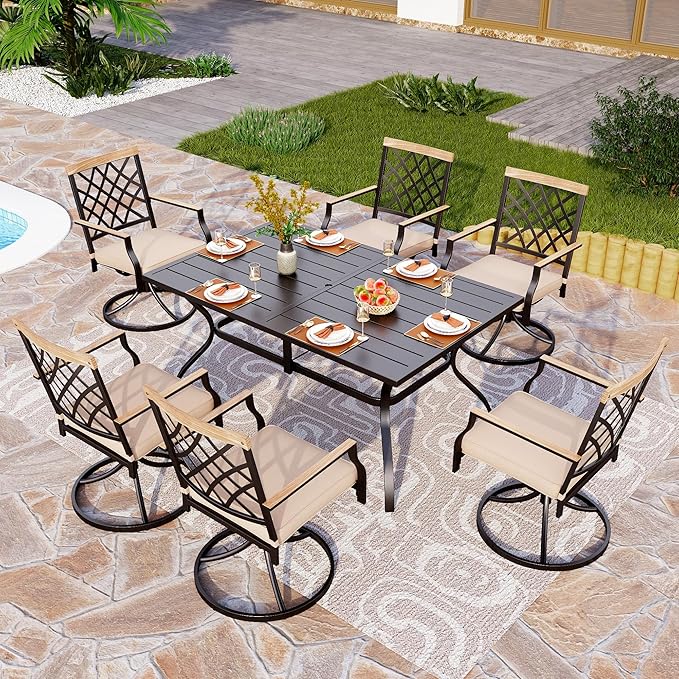 PHI VILLA Patio Dining Set of 7, 60" x 37" Metal Steel Outoor Dining Umbrella Table, 6 Swivel Chairs with Custion Patio Table Chair Set for Outdoor Garden Lawn Pool