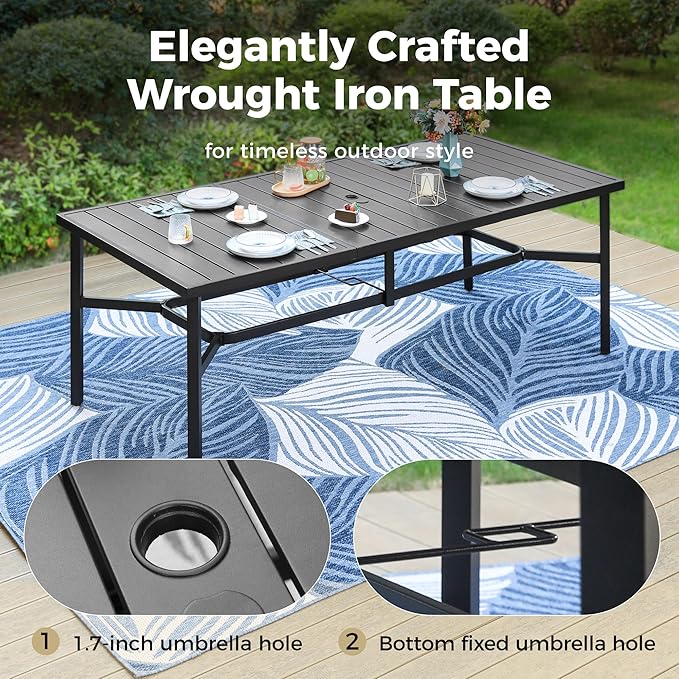 9 Pieces Outdoor Dining Set for 8, Patio Dining Set Wicker Rattan Chairs with 3.1" Cushion and Rectangular Table with Umbrella Hole, Wicker Patio Table and Chairs for Backyard Porch