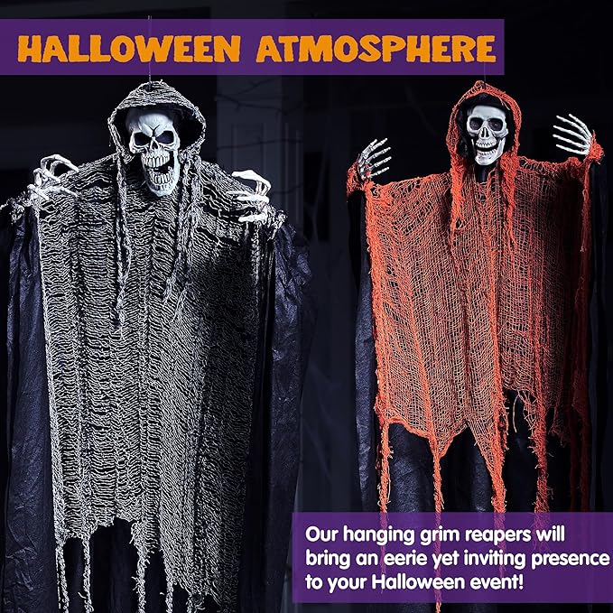 JOYIN 3 Pcs Halloween Hanging Grim Reapers, one 63” Two 47” Grim Reapers, Halloween Skeleton Outdoor Decoration Flying Ghost for Haunted Haunted House Prop, Party Supplies Decor