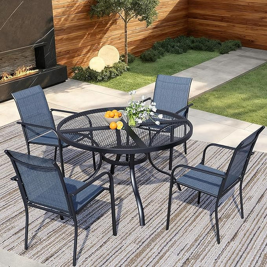 5 Pieces Round Dining Table Set for 4, Patio Dining Set Includes 4 Blue Stackable Patio Chairs and 1 Black Mesh Round Table, Patio Furniture Sets with Sling Support for Outside, Garden