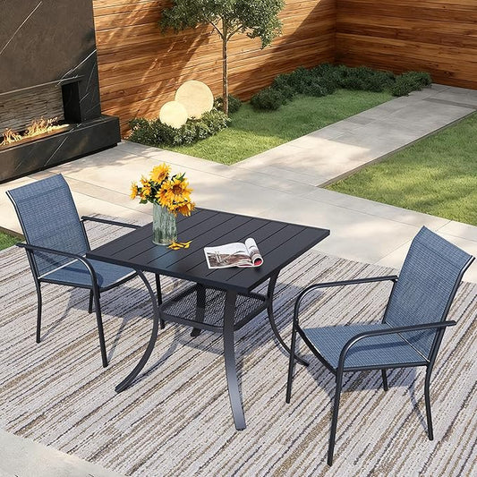 3 Pieces Round Dining Table Set for 2, Patio Dining Set Includes 2 Blue Stackable Patio Chairs and 27.6" Black Metal Square Table, Patio Furniture Sets with Sling Support for Outside, Garden