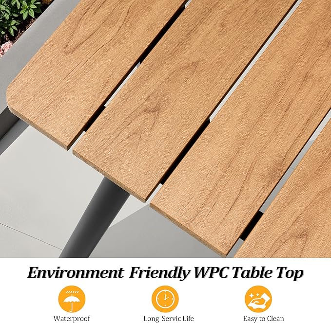 Outdoor Dining Table for 6, 70inch Patio Dining Table with Wooden-Like Top and Aluminum Frame, Rectangular Table with Umbrella Hole Outdoor Furniture, Brown