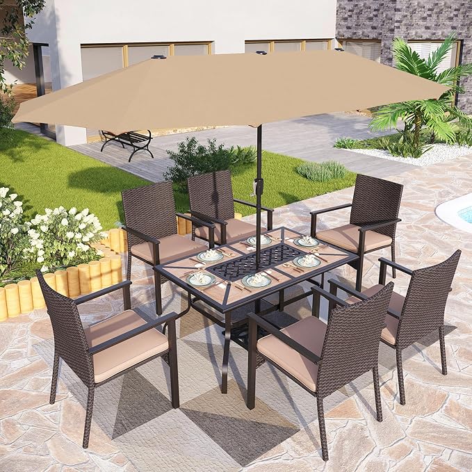 PHI VILLA 7 Pieces Outdoor Dining Set with Umbrella for 6, Rectangular Wood-Top Metal Table & Wicker Chairs with Cushions & 13ft Beige Umbrella, Modern Dining Furniture Set for Patio,Deck,Backyard