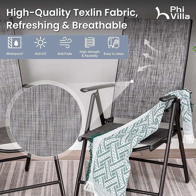 PHI VILLA 7 Piece Outdoor Patio Dining Set, Adjustable Folding Patio Chairs Reclining (Grey) with Extendable Metal Steel Dining Table for Outdoor, Garden, Lawn