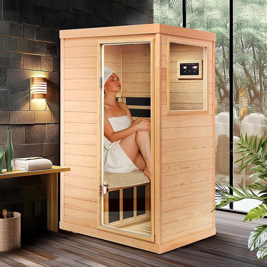 Infrared Sauna Home Sauna Box 1 Person Infrared Sauna Dry Sauna Far Infrared Sauna Indoor Sauna Hemlock Mini Single Person Sauna for Home on The Right of The Indoor Sauna Room, Natural