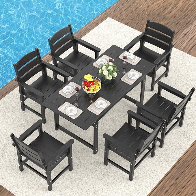 7-Piece HIPS Patio Dining Set, Outdoor Dining Table and Chairs Set with Umbrella Hole, Weatherproof Dining Table Set for 6 Person, Patio Furniture Set for Outside Deck, Black