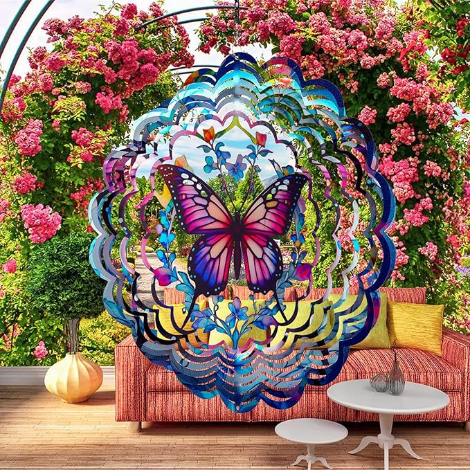 Butterfly Wind Spinners Outdoor - 12 inch Butterflies Outdoor Hanging Wind Sculptures Birthday Gifts for Women, Mom, Grandma, Gardening for Garden Decor for Outside, Patio, Yard, Lawn, Balcony