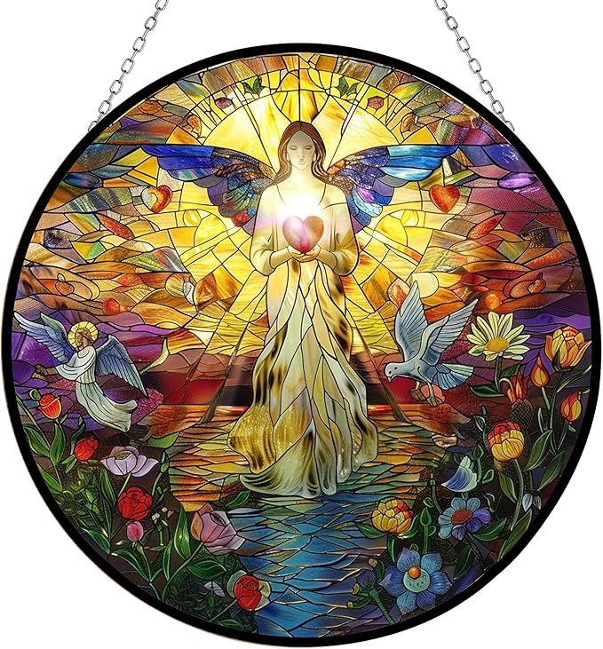 Jesus Christ Holy Spirit Stained Glass Suncatcher Four Season Theme Colorful Leaves Window Wall Hanging Ornament Hand-Painted Glass Panel Decor Gift for Women Christmas Thanksgiving Gift