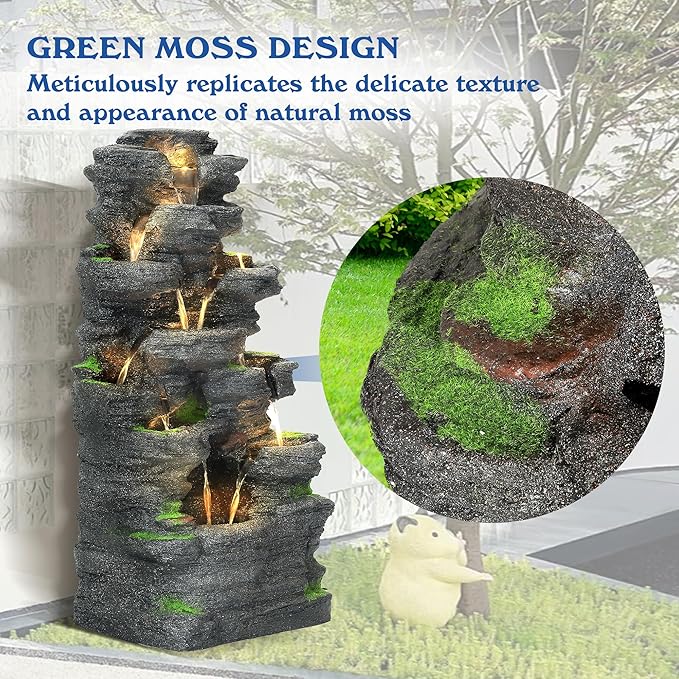 TITIMO 10-Tier Cascading Rock Water Fountain Outdoor Garden Waterfall with Lights,Fountain Indoor Decor for Garden, Patio, Backyard, Deck, Porch and Home Art Decor