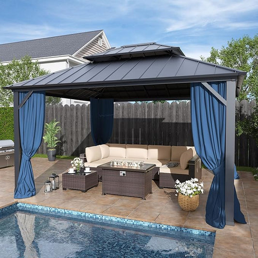 12' x 14' Hardtop Gazebo,Outdoor Galvanized Steel Metal Double Roof Gazebo with Curtains and Netting for Patios,Gardens,Lawns,Navy Blue