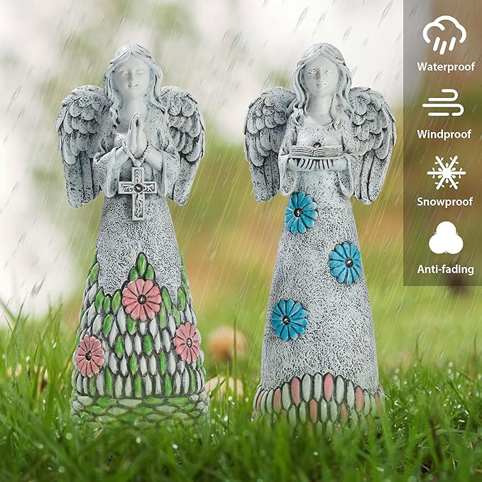 TERESA'S COLLECTIONS Angel Garden Statues with Solar Outdoor Light for Garden Decor, 2 Pack Resin Angel Grave Cemetery Decorations for Outdoor Decor, Memorial Angel Yard Decor Gifts for Mom, 11”