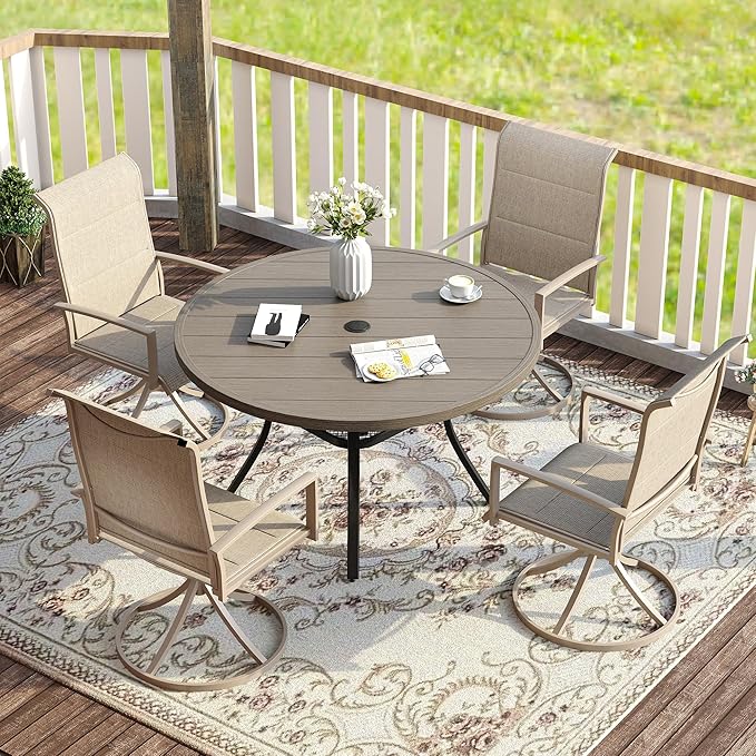 VICLLAX 5 Pieces Patio Dining Set - 41.2" Round Outdoor Table and Swivel Padded Chairs, Grey Wood Grain Tabletop and Sandshell Fabric