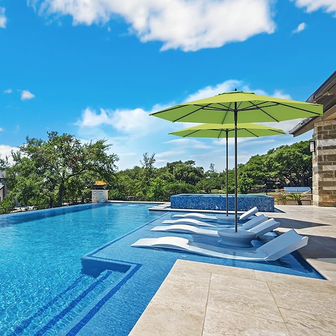 Midtown Umbrellas The Wooden 8 Feet Patio Umbrella With Sunbrella Macaw Acrylic Fabric - Aluminum Frame Market Umbrella For Backyard, Deck, Garden, Pool - Wooden Pole