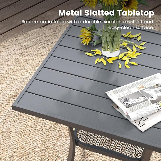 DIFY 27.6" Square Patio Dining Table, Grey Small Outdoor Bistro Table with Rust Resistant Metal Frame, Ideal for Lawn, Backyard and Deck