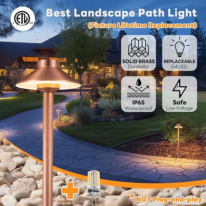 Gardenreet Low Voltage Landscape Lighting Brass, 12v Pathway Lights Waterproof, Hard Wired Path Light Outdoor, Mushroom Copper for Exterior Area Patio House with 3W 270LM 3000K G4 Bulb (6 Pack)