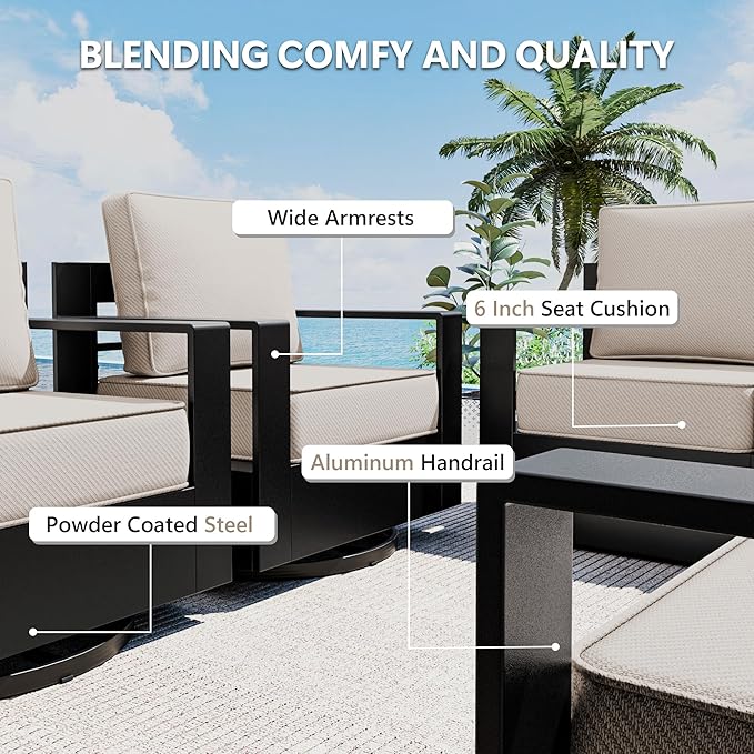 Outdoor Patio Furniture Set, 4-Piece Aluminum Patio Conversation Set All-Weather Metal Outdoor Sectional with 6 Inch Thick Cushions, Deep Setting for Garden, Outside and Porch