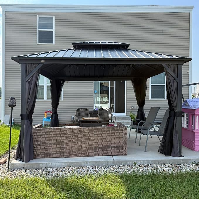 PURPLE LEAF 10' X 12' Gazebo Outdoor Aluminum Gazebo with Heavy Duty Galvanized Steel Double Roof for Patio Backyard Deck, Netting and Curtains Included, Grey