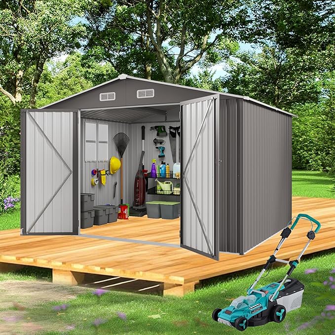 10x12 FT Outdoor Storage Shed,Large Metal Garden Shed with Double Door and Two Windows Waterproof Tool Shed for Backyard Patio Lawn Poolside,Grey
