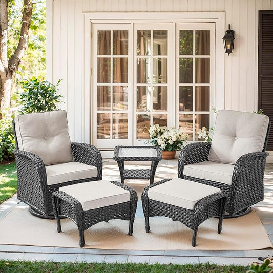 Outdoor Swivel Glider Rocker Chairs Set- 5 Piece Patio Furniture Set, Patio Bistro Sets with Tempered Glass Side Table and 2 Ottoman, for Balcony, Porch - Black Wicker Beige Cushion