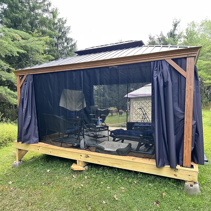 PURPLE LEAF 12' X 16' Outdoor Hardtop Gazebo for Patio Galvanized Steel Double Roof Permanent Canopy Teak Finish Coated Aluminum Frame Pavilion Gazebo with Netting and Navy Blue Curtains