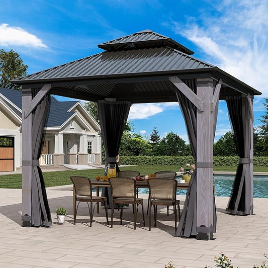 10 x10FT Wood Gazebo,Outdoor Wooden Hardtop Gazebo with Galvanized Steel Doule Roof,Cedar Wood Frame Gazebos with Netting &Curtainfor Patio Backyard Deck