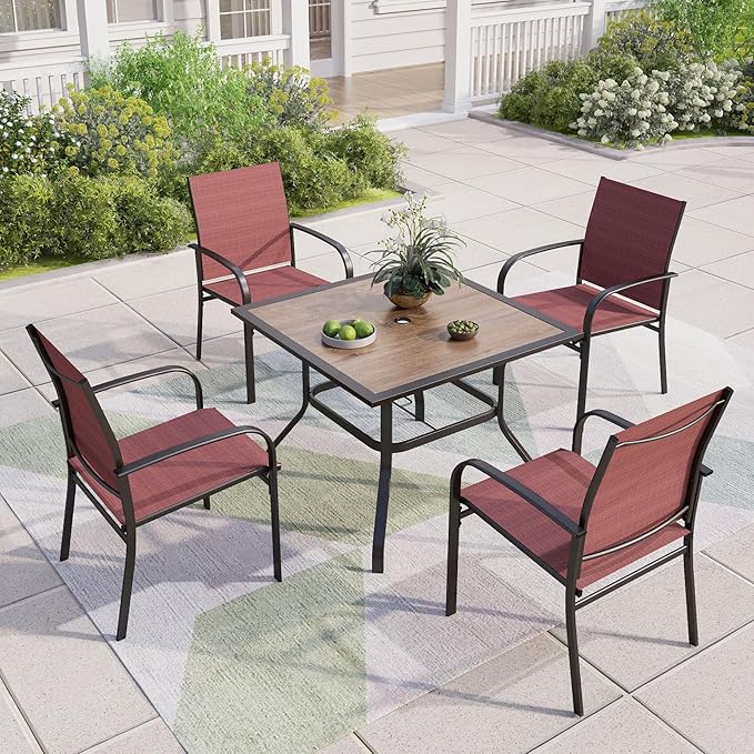 5 Pieces Patio Table and Chairs Set, 4 Person Outdoor Dining Furniture Set, 4 Red Textilene Chairs and 37" Wood-Like Table Top Table with Umbrella Hole, for Deck Backyard Lawn