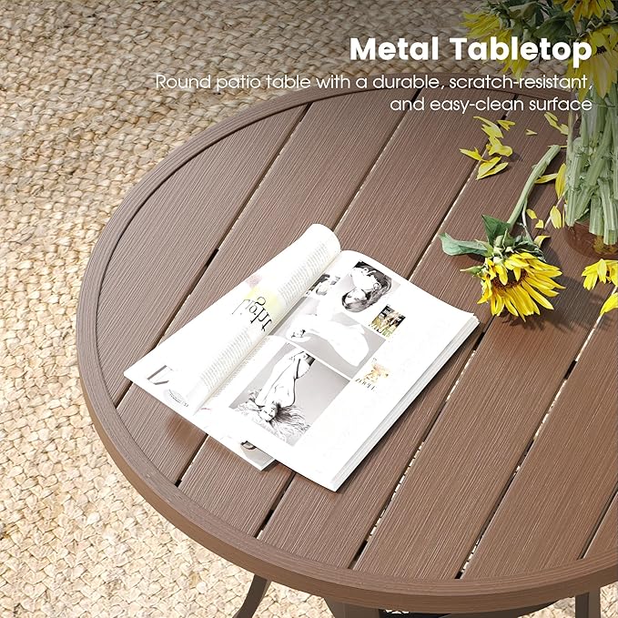 DIFY 3 Pieces Outdoor Patio Bistro Dining Set, 2 Brown Textilene Swivel Dining Chairs and 27.6" Walnut Small Round Dining Table, Outdoor Table and Chairs