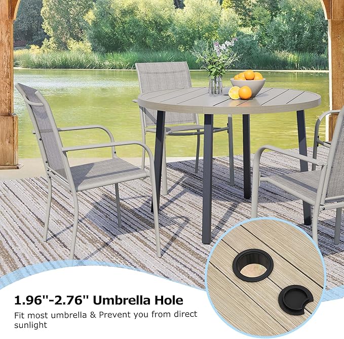 5 Pieces Round Dining Table Set for 4, Patio Dining Set Includes 4 Grey Stackable Patio Chairs and 1 Honey Oak Round Table, Patio Furniture Sets with Sling Support for Outside, Garden