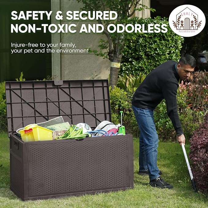 121 Gallon Outdoor Storage Box Large, Lockable Outside Storage Containers Waterproof Patio Cushions Storage Deck Boxes, Rattan Plastic Garden Hose Storage Boxes Resin Pool Storage Bins, Brown