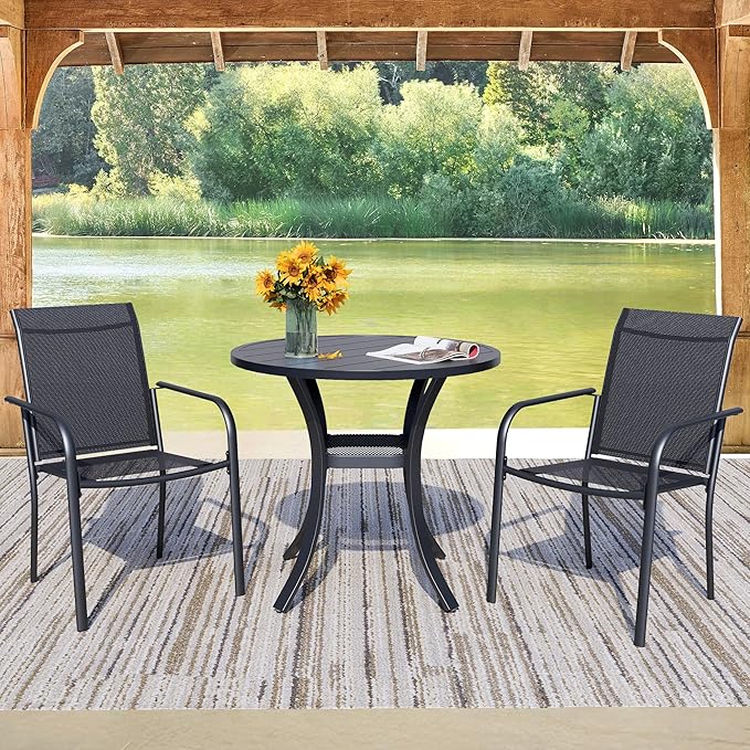 3 Pieces Round Dining Table Set for 2, Patio Dining Set Includes 2 Black Stackable Patio Chairs and 27.6" Black Metal Round Table, Patio Furniture Sets with Sling Support for Outside, Garden