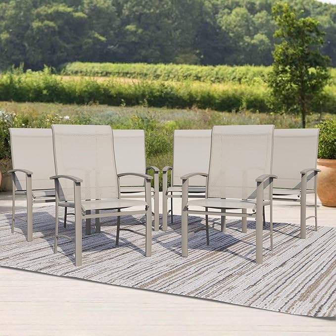 Outdoor Dining Chairs Set of 6, Stackable Patio Chairs with Metal Frame & Textilene Fabric, Perfect for Patio Garden Deck, Ivory