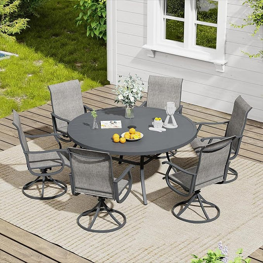 VICLLAX 7 Pieces Outdoor Dining Set, Patio Furniture Set of 6 Patio Swivel Dining Chairs and 50" Patio Round Table, Grey Chairs & Dark Grey Tabletop