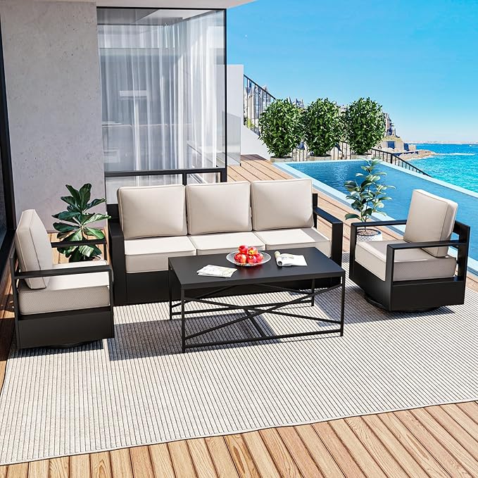 Outdoor Patio Furniture Set, 4-Piece Aluminum Patio Conversation Set All-Weather Metal Outdoor Sectional with 6 Inch Thick Cushions, Deep Setting for Garden, Outside and Porch
