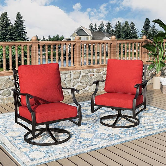 Swivel Patio Chairs Set of 2, High Back Outdoor Swivel Patio Metal Chairs with 5.75" Thick Cushions for Bistro Balcony Porch Deck and Yard, Red