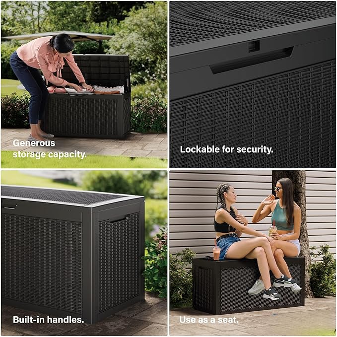 80 Gallon Resin Deck Box, Waterproof Outdoor Storage Bin for Patio Furniture, Pool Accessories, and Garden Tools, Lockable & UV-Resistant, Black